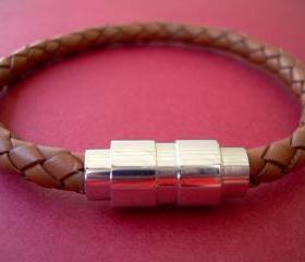 Leather Bracelet with Stainless Steel Magnetic Clasp Braided Saddle Color - MB07 Urban Survival Gear USA
