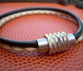 Leather Bracelet with Stainless Steel Magnetic Clasp - Black and Natural Braid , MB06 Urban Survival Gear USA