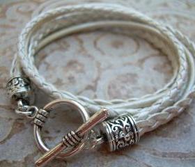 Womens Leather Bracelet , Toggle Closure, Metallic Pearl, Triple Strand, Double Wrap, Mothers Day Gift, Womens Jewelry, Womens Bracelet