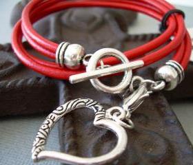 Womens Leather Bracelet, Double Strand, Double Wrap, Red, With Lobster Clasp Charm