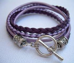 Womens Leather Bracelet , Toggle Closure, Metallic Purple, Lavender, Pink,Violet, Mothers Day Gift