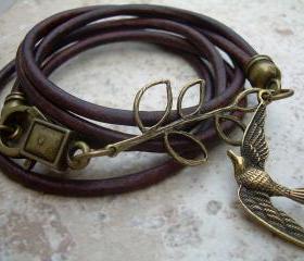 Womens Antique Brown Leather Bracelet, Antique Bronze,Triple Wrap with Branch and Swallow, Steampunk