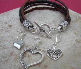 Leather Bracelet With Three Lobster Clasp Heart Charms in Antique Brown