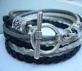 Womens Leather Bracelet , Black- Silver Gray-White, Triple Wrap, Triple Strands