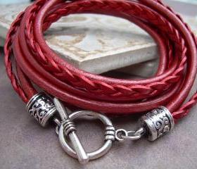 Womens Leather Bracelet , Triple Wrap, Triple Strands, Metallic Red