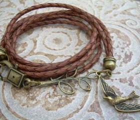 Womens Leather Bracelet, Saddle Brown, Antique Bronze, Double Strands, Triple Wrap, Womens Jewelry, Womens Bracelet, Womens Gift