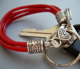 Red Womens Leather Bracelet - Valet Keychain - Four Strand / Urban Survival Gear USA