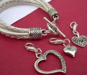 Leather Bracelet With Three Lobster Clasp Heart Charms in Metallic Pearl, Wedding, Mothers Day Gift