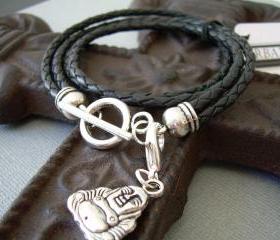Mens Womens Unisex Leather Bracelet Double Strand Double Wrap Black Braided With Lobster Clasp Charm