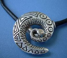Leather Necklace Men's Women's Unisex -Silver / Black -Tribal Inspired Spiral Pendant Closure