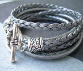 Womens Leather Bracelet , Metallic Gray-Silver, Triple Wrap