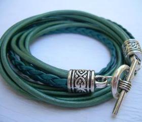 Womens Leather Bracelet, Five Strand, Double Wrap, Metallic Teal