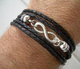 Black Braided Leather Bracelet, Infinity Bracelet, Toggle Closure, Triple Wrap Black Braid