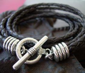 Mens Unisex Leather Bracelet Three Strand Double Wrap Brown Braid Urban Survival Gear USA TSB04DW