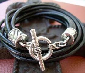 Mens Leather Bracelet Four Strand Double Wrap Black Urban Survival Gear USA TSB09DW