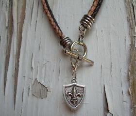 Mens Leather Necklace - Double Strand Silver /Brown Braid- Natural Braid With Free Lobster Clasp Pendant