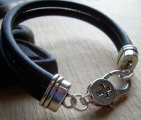 Leather Bracelet , Black Stitched Nappa Leather Cord Bracelet, Lobster Clasp Closure