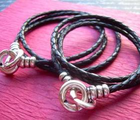 His and Hers Set of Infinity Bracelets, Leather Bracelet, Triple Wrap, Interlocking Clasp, Mens, Womens, Black Braid , Free Shipping