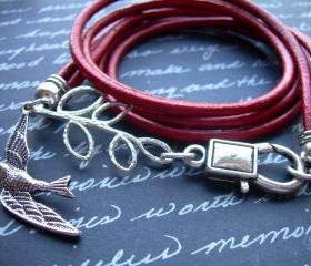 Leather Bracelet, Antique Silver,Triple Wrap with Branch and Swallow, Steampunk