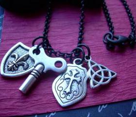 Necklace, Chain, Matte Black Toned With Four Assorted Pendants,Unisex Womens Mens