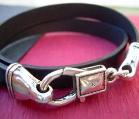 Flat Leather Bracelet, Black, Double Wrap, Mens, Womens , Unisex