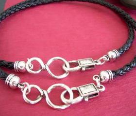 His and Hers Set of Infinity Necklaces, Leather Necklace, Mens, Womens, Natural Black Braided