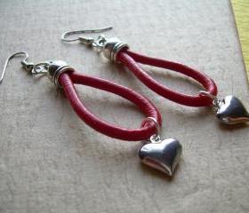 Leather Earrings, Red, Puff Heart, Antique Silver