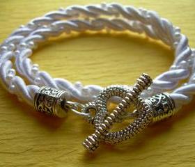 Womens Bracelet, Double Wrap, Braided, Trim, White, Heart Toggle Clasp, Bride, Wedding, Vegan Friendly