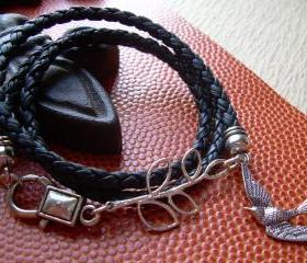 Leather Bracelet, Antique Silver,Triple Wrap with Branch and Swallow, Steampunk