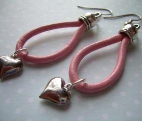 Leather Earrings, Pink, Puff Heart, Antique Silver