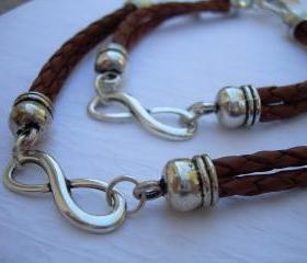 His and Hers Set of Infinity Bracelets, Leather Bracelet, Mens, Womens, Saddle Braided, No Shipping Charges