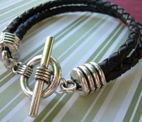 Men's Leather Bracelet Toggle Closure Double Black Braids Urban Survival Gear USA TSB04T
