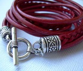 Womens Leather Bracelet, Five Strand, Double Wrap, Metallic Red, Womens Bracelet, Womens Jewelry, Womens Gift, Mothers Day Gift