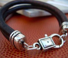 Mens Leather Bracelet , Antique Brown Leather Cord, Lobster Clasp Closure