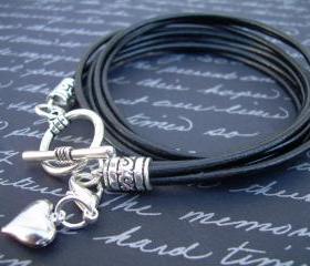 Womens Leather Bracelet, Four Strands, Double Wrap, with Puff Heart Lobster Clasp Charm