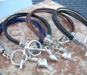 Womens Leather Bracelet, Four Strands with Puff Heart Lobster Clasp Charm, Womens Bracelet, Womens Jewelry, Womens Gift