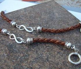 His and Hers Set of Infinity Bracelets, Leather Bracelet, Mens, Womens, Natural Light Brown Braided, No Shipping Charges