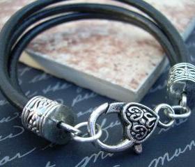 Womens Leather Bracelet , Three Strand Black Leather, Heart Lobster Clasp