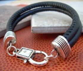 Leather Bracelet , Black Stitched Nappa Leather Cord, Lobster Clasp Closure