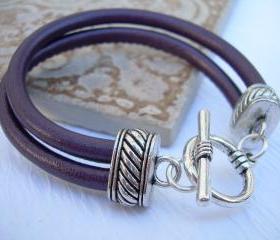 Leather Bracelet, Womens, Metallic Purple, Double Strand Stitched Nappa Leather