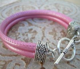 Leather Bracelet, Womens, Metallic Pink, Double Strand Stitched Nappa Leather, Womens Jewelry, Womens Bracelet, Womens Gift