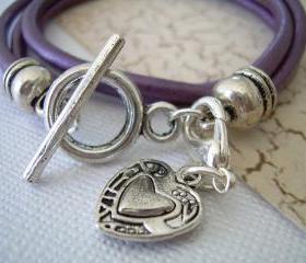 Womens Leather Bracelet, Double Strand, Double Wrap, Metallic Berry, With Lobster Clasp Charm