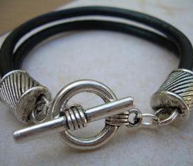 Mens Leather Bracelet Double Strand Black Urban Survival Gear USA TSB09T