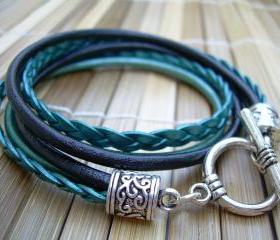 Womens Leather Bracelet , Toggle Closure, Metallic Teal and Black, Double Wrap, Womens Jewelry, Womens Bracelet, Womens Gift