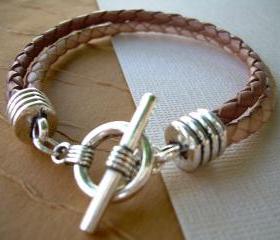 Men's Leather Bracelet Toggle Closure Saddle and Natural Braids Urban Survival Gear USA TSB04T