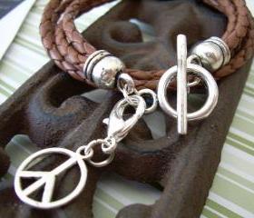 Mens Womens Unisex Leather Bracelet Double Strand Double Wrap Braided Saddle WITH CHARM Urban Survival Gear