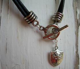 Mens Leather Necklace - Double Strand Silver / Black With Free Lobster Clasp Pendant