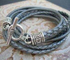 Womens Leather Bracelet, Five Strand, Double Wrap, Metallic Gray, Silver, Womens Bracelet, Womens Jewelry, Womens Gift