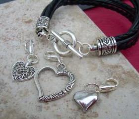 Leather Bracelet With Three Lobster Clasp Heart Charms in Black, Mothers Day Gift, Womens Bracelet, Womens Jewelry