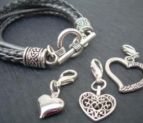 Womens Leather Bracelet, Leather Bracelet, Bracelet, With Three Lobster Clasp Heart Charms in Metallic Silver/Gray
